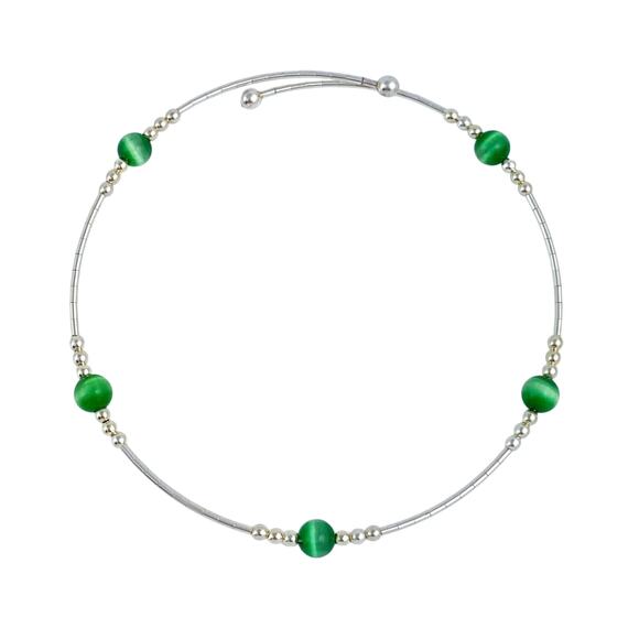 Memory Wire Green Cat's Eye Bracelet | Sterling Silver 925 | 7.5" - Picture 1 of 4